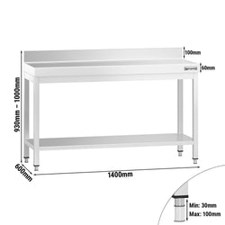 Stół roboczy PREMIUM – stal nierdzewna – 1400 x 600 mm – z półką dolną i rantem
