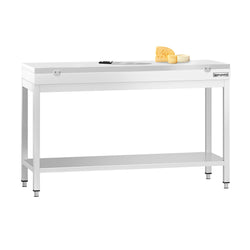 Stół roboczy ze stali nierdzewnej PREMIUM – 1400 x 700 mm – z podstawą – wraz z deską do krojenia w kolorze białym