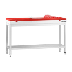 Stół roboczy ze stali nierdzewnej PREMIUM – 1400 x 600 mm – z podstawą – w zestawie z deską do krojenia w kolorze czerwonym