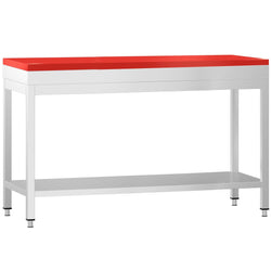 Stół roboczy ze stali nierdzewnej PREMIUM – 1400 x 600 mm – z podstawą – w zestawie z deską do krojenia w kolorze czerwonym