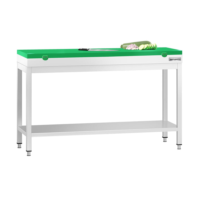 Stół roboczy ze stali nierdzewnej PREMIUM – 1400 x 700 mm – z podstawą – w zestawie z zieloną deską do krojenia