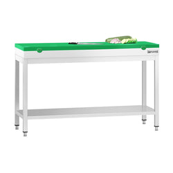 Stół roboczy ze stali nierdzewnej PREMIUM – 1400 x 800 mm – z podstawą – w zestawie z zieloną deską do krojenia