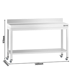Stół roboczy ze stali nierdzewnej PREMIUM – 1400 x 700 mm – z półką dolną, nadstawką i kółkami