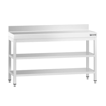 Stół roboczy ze stali nierdzewnej PREMIUM - 1400x700 mm - z półką dolną, panelem tylnym i półką pośrednią - Prime Gastro