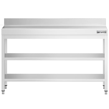Stół roboczy ze stali nierdzewnej PREMIUM - 1400x600 mm - z półką dolną, panelem tylnym i półką pośrednią - Prime Gastro