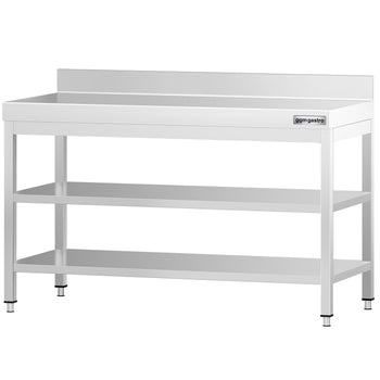 Stół roboczy ze stali nierdzewnej PREMIUM - 1400x600 mm - z półką dolną, panelem tylnym i półką pośrednią - Prime Gastro