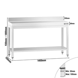 Stół roboczy ze stali nierdzewnej PREMIUM - 1400x700mm - z półką dolną i panelem tylnym