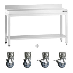 Stół roboczy ze stali nierdzewnej PREMIUM – 1500 x 800 mm – z półką dolną, nadstawką i kółkami