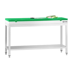Stół roboczy ze stali nierdzewnej PREMIUM – 1500 x 600 mm – z podstawą – w zestawie z zieloną deską do krojenia