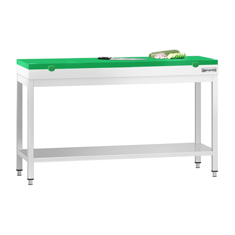 Stół roboczy ze stali nierdzewnej PREMIUM – 1500 x 800 mm – z podstawą – w zestawie z zieloną deską do krojenia