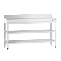 Stół roboczy ze stali nierdzewnej PREMIUM - 1500x700 mm - z półką dolną, panelem tylnym i półką pośrednią