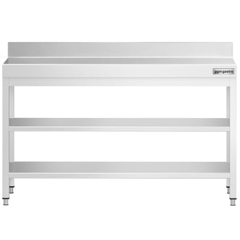 Stół roboczy ze stali nierdzewnej PREMIUM - 1500x700 mm - z półką dolną, panelem tylnym i półką pośrednią - Prime Gastro