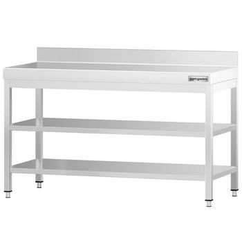 Stół roboczy ze stali nierdzewnej PREMIUM - 1500x700 mm - z półką dolną, panelem tylnym i półką pośrednią - Prime Gastro