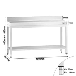 Stół roboczy PREMIUM – stal nierdzewna – 1500 x 700 mm – z półką dolną i rantem