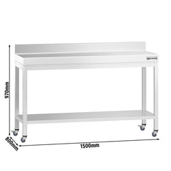 Stół roboczy ze stali nierdzewnej PREMIUM – 1500 x 800 mm – z półką dolną, nadstawką i kółkami