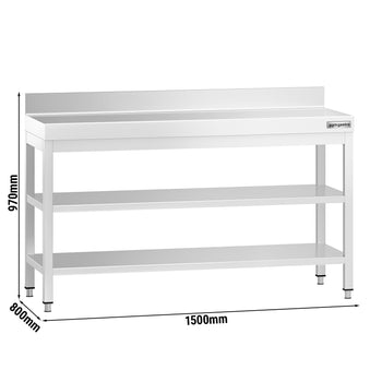 Stół roboczy ze stali nierdzewnej PREMIUM - 1500x800 mm - z półką dolną, panelem tylnym i półką pośrednią - Prime Gastro