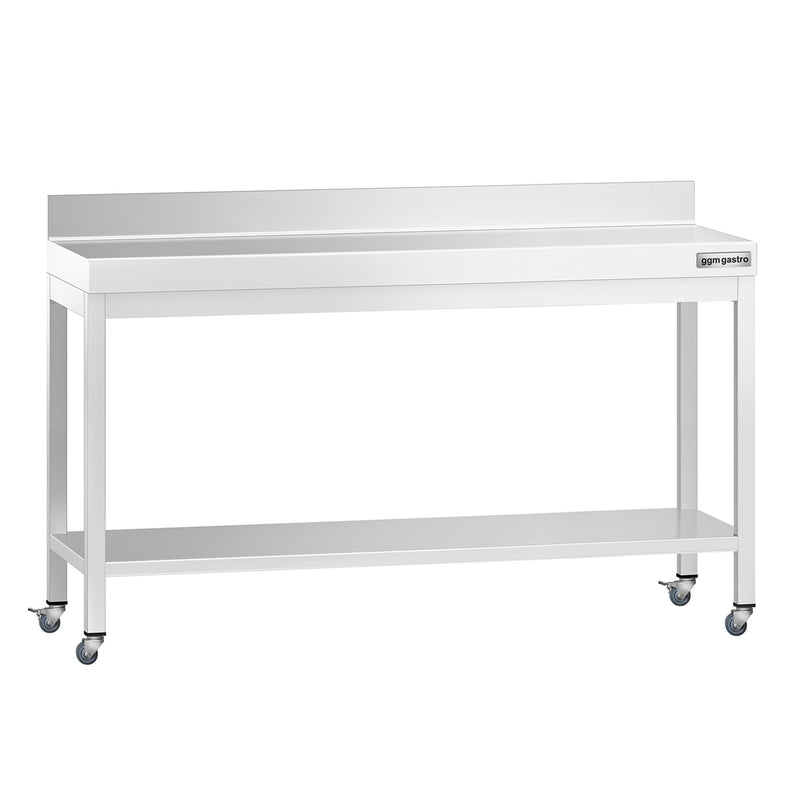 Stół roboczy ze stali nierdzewnej PREMIUM – 1600 x 600 mm – z półką dolną, nadstawką i kółkami
