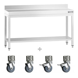 Stół roboczy ze stali nierdzewnej PREMIUM – 1600 x 600 mm – z półką dolną, nadstawką i kółkami