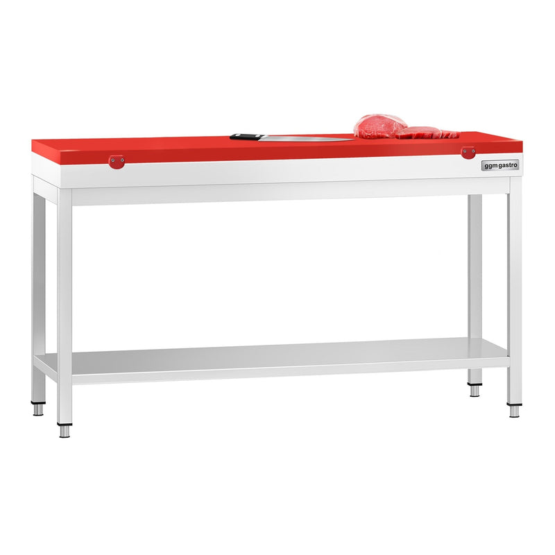 Stół roboczy ze stali nierdzewnej PREMIUM – 1600 x 600 mm – z podstawą – w zestawie z deską do krojenia w kolorze czerwonym