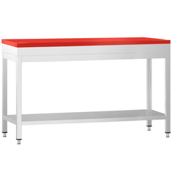 Stół roboczy ze stali nierdzewnej PREMIUM – 1600 x 600 mm – z podstawą – w zestawie z deską do krojenia w kolorze czerwonym