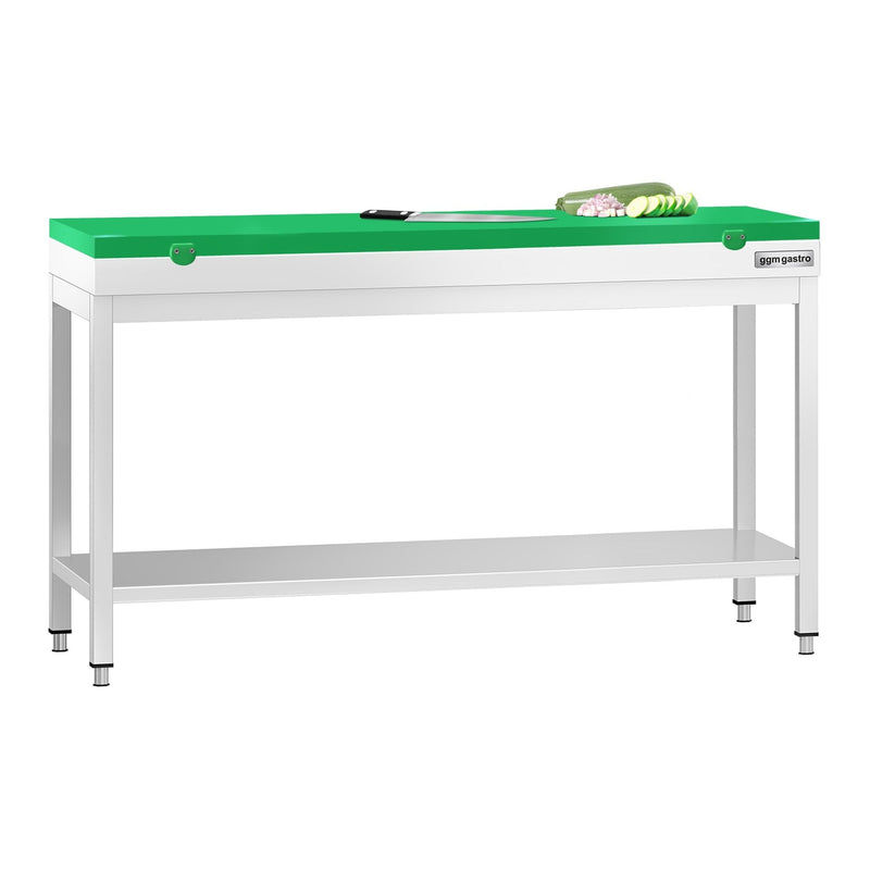 Stół roboczy ze stali nierdzewnej PREMIUM – 1600 x 600 mm – z podstawą – wraz z blatem do krojenia w kolorze zielonym