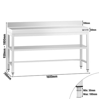 Stół roboczy ze stali nierdzewnej PREMIUM - 1600x700 mm - z półką dólną, panelem tylnym i rozpórką - Prime Gastro