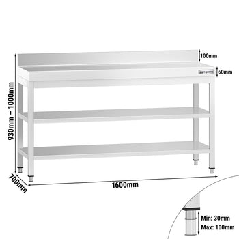 Stół roboczy ze stali nierdzewnej PREMIUM - 1600x700 mm - z półką dolną, panelem tylnym i półką pośrednią - Prime Gastro