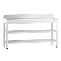 Stół roboczy ze stali nierdzewnej PREMIUM - 1600x600 mm - z półką dolną, panelem tylnym i półką pośrednią