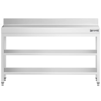 Stół roboczy ze stali nierdzewnej PREMIUM - 1600x800 mm - z półką dolną, panelem tylnym i półką pośrednią - Prime Gastro
