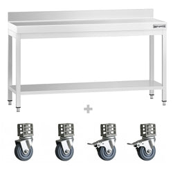 Stół roboczy ze stali nierdzewnej PREMIUM – 1800 x 800 mm – z półką dolną, nadstawką i kółkami