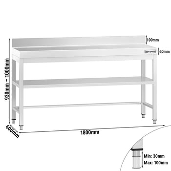 Stół roboczy ze stali nierdzewnej PREMIUM - 1800x600 mm - z półką dolną, panelem tylnym & rozpórką - Prime Gastro
