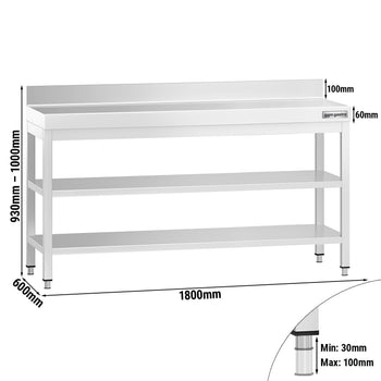 Stół roboczy ze stali nierdzewnej PREMIUM - 1800x600 mm - z półką dolną, panelem tylnym i półką pośrednią - Prime Gastro