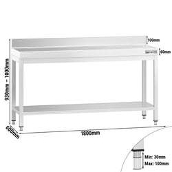 Stół roboczy ze stali nierdzewnej PREMIUM - 1800x600mm - z półką dolną i panelem tylnym