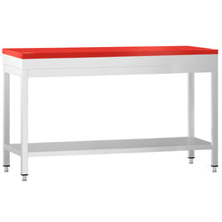 Stół roboczy ze stali nierdzewnej PREMIUM – 1800 x 800 mm – z podstawą – w zestawie z deską do krojenia w kolorze czerwonym