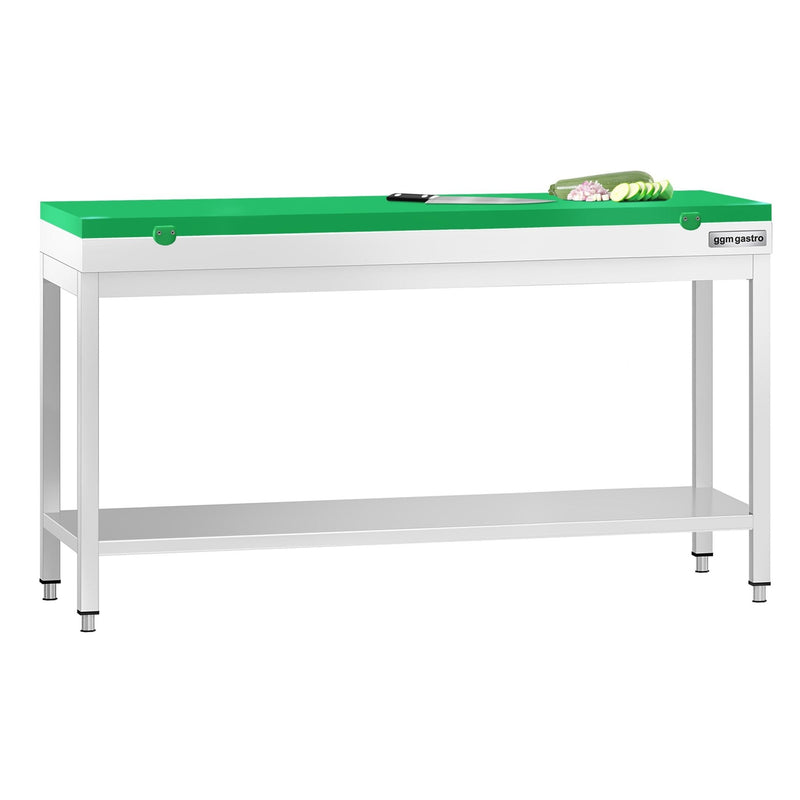 Stół roboczy ze stali nierdzewnej PREMIUM – 1800 x 600 mm – z podstawą – w zestawie z zieloną deską do krojenia