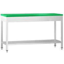 Stół roboczy ze stali nierdzewnej PREMIUM – 1800 x 700 mm – z dolną półką – w zestawie z deską do krojenia w kolorze zielonym