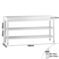 Stół roboczy ze stali nierdzewnej PREMIUM - 1800x700 mm - z półką dolną i półką pośrednią
