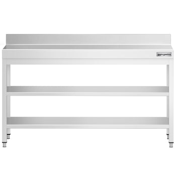 Stół roboczy ze stali nierdzewnej PREMIUM - 1800x600 mm - z półką dolną, panelem tylnym i półką pośrednią - Prime Gastro