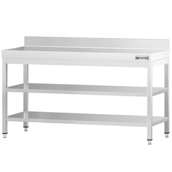Stół roboczy ze stali nierdzewnej PREMIUM - 1800x700 mm - z półką dolną, panelem tylnym i półką pośrednią - Prime Gastro