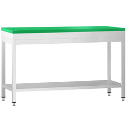 Stół roboczy ze stali nierdzewnej PREMIUM – 1500 x 600 mm – z podstawą – w zestawie z zieloną deską do krojenia
