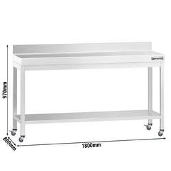 Stół roboczy ze stali nierdzewnej PREMIUM – 1800 x 800 mm – z półką dolną, nadstawką i kółkami