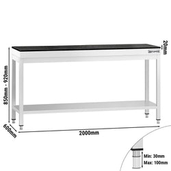 Stół roboczy centralny ze stali nierdzewnej PREMIUM - 2000x600mm - z półką - z blatem granitowym