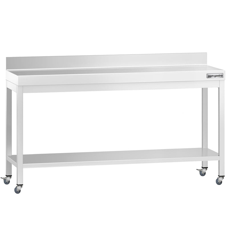 Edelstahl Arbeitstisch PREMIUM - 2000x800mm - mit Grundboden, Aufkantung & Rollen