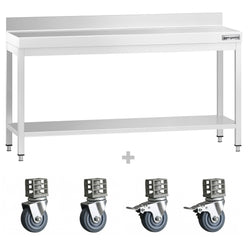 Edelstahl Arbeitstisch PREMIUM - 2000x800mm - mit Grundboden, Aufkantung & Rollen
