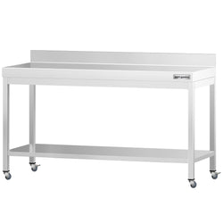 Edelstahl Arbeitstisch PREMIUM - 2000x800mm - mit Grundboden, Aufkantung & Rollen