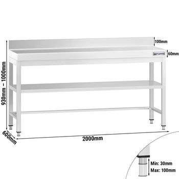 Stół roboczy ze stali nierdzewnej PREMIUM - 2000x600 mm - z dolną półką, panelem tylnym & rozpórką - Prime Gastro
