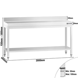 Stół roboczy ze stali nierdzewnej PREMIUM - 2000x600mm - z półką dolną i panelem tylnym