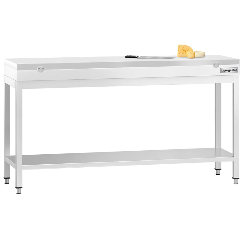 Stół roboczy ze stali nierdzewnej PREMIUM – 2000 x 800 mm – z podstawą – w zestawie z białą deską do krojenia