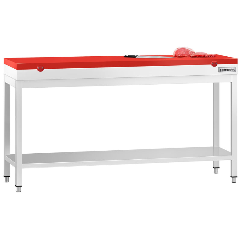Stół roboczy PREMIUM – stal nierdzewna – 2000 x 800 mm – z półką dolną – z czerwoną deską do krojenia
