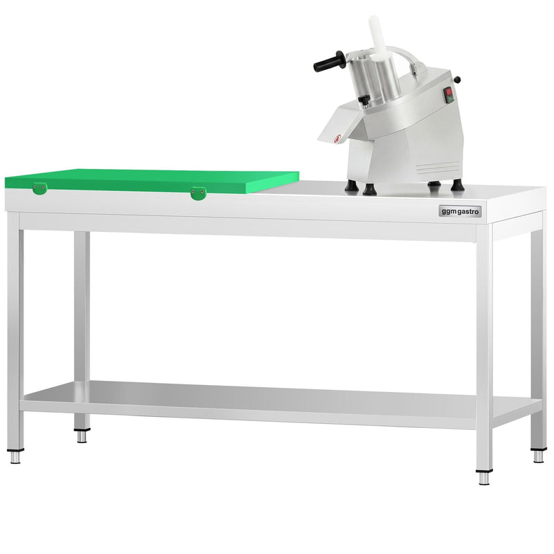 Stół roboczy ze stali nierdzewnej PREMIUM – 2000 x 700 mm – z dolną półką – w zestawie z deską do krojenia w kolorze zielonym